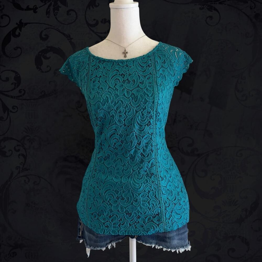 detailed floral scroll teal blue lace overlay sleeveless top